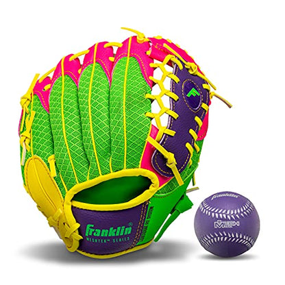 Franklin Sports Kids Baseball Glove + Foam Ball Sets - Meshtek Youth Teeball Gloves for Kids + Toddlers - Left + Right Hand Throw - 9.5" Inch - color: Purple/Pink/Yellow