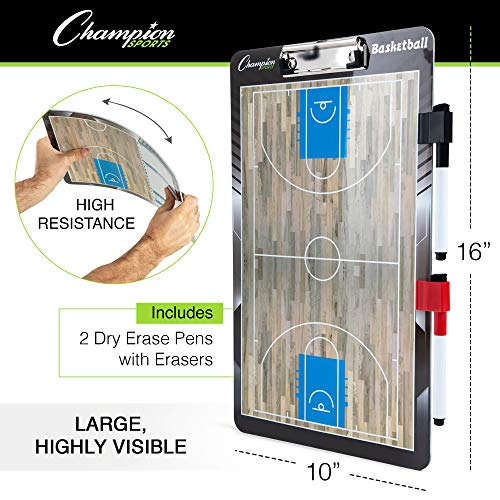 Champion Sports Large & XL Dry Erase Board For Coaching - Whiteboards for Strategizing, Techniques, Plays - 2-Sided Boards with Front Side Full Field - Backside Half Field and Lineup - color: Basketball, style: Standard Coaches Board