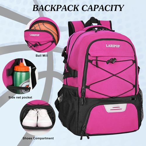 LARIPOP Basketball Backpack Large Basketball Bag with Ball Holder & Shoe Compartment for Youth Adults Men Women - color: Pink