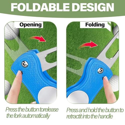 Golf Divot Repair Tool, All Metal Foldable Divot Tool with Pop-up Button & Magnetic Ball Marker, Mini Divot Repair Tool, Best Choice for Professional Golfers