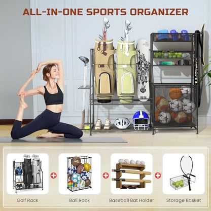 Garage Sports Equipment Organizer, 3 Golf Bag Organizer Stand Heavy-Duty Ball Storage Rack with Basket and Hooks, Ball Storage Cart for Toy Sports Gear Storage, Black