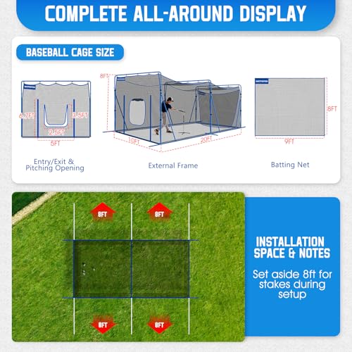 20ftx10ftx8ft Baseball Softball Cage with Hitting Net,Dual Sided 7-Ply Netting for Batting/Pitching/Fielding,Heavy-Duty Metal Frame and Windproof Ropes for Backyard Outdoor Indoor