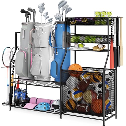 Garage Sports Equipment Organizer, 3 Golf Bag Organizer Stand Heavy-Duty Ball Storage Rack with Basket and Hooks, Ball Storage Cart for Toy Sports Gear Storage, Black