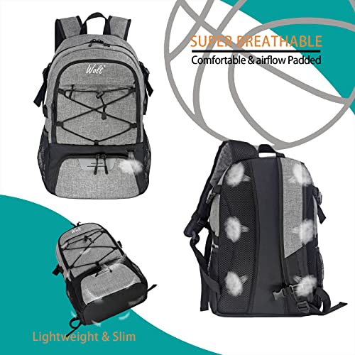WOLT Basketball Backpack Large Sports Bag with Separate Ball Holder & Shoes Compartment, Best for Basketball, Soccer,Gym - color: Grey