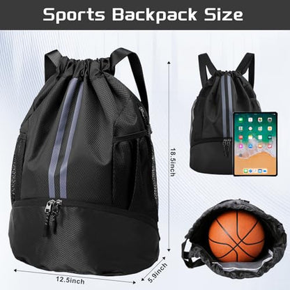 Sports Drawstring Backpack with Shoes Compartment, String Gym Bag with Wet Proof Pocket for Basketball, Soccer, Swim, Black Sport Bag for Men and Women