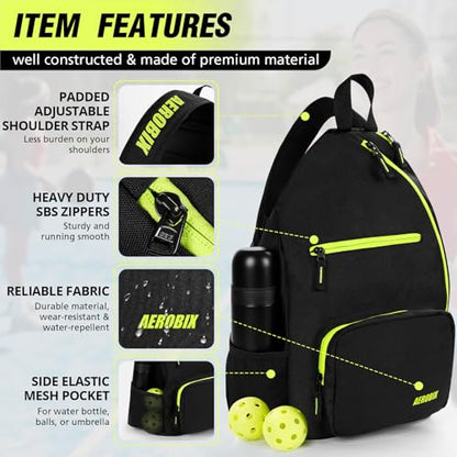 AEROBIX Pickleball Bag for Women & Men, Pickle Ball Backpack - Upgraded Zippers, Large Capacity, Padded Paddle Pocket, Adjustable Sling Bag (No Accessories) - color: GREEN