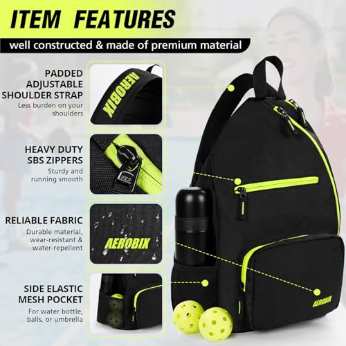 AEROBIX Pickleball Bag for Women & Men, Pickle Ball Backpack - Upgraded Zippers, Large Capacity, Padded Paddle Pocket, Adjustable Sling Bag (No Accessories) - color: GREEN