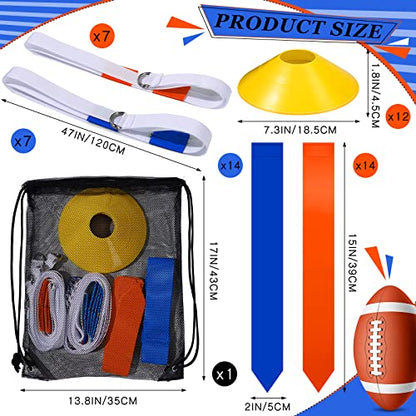 Flag Football Set, 14 Player Adjustable Belts with Cones Includes 14 Easy Tear Away Belts, 28 Football Flags, 12 Cones, 1 Carrying Bag for Youths, Adults Sport Team Training - style: Blue, Orange