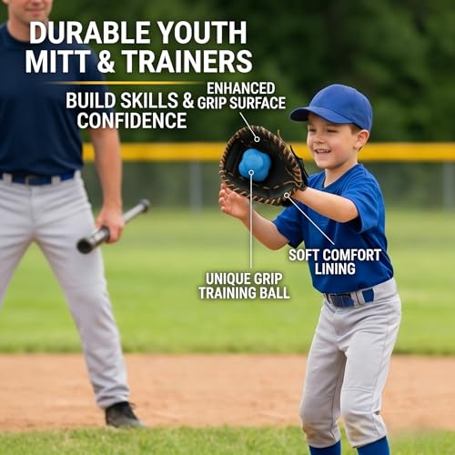 Pancake Glove Baseball Youth & Flat Gloves Softball Trainer with Agility Reaction Ball - Infield Mitt to Build Soft Hands (Ages 6-12, Right-Hand Throw) - color: white