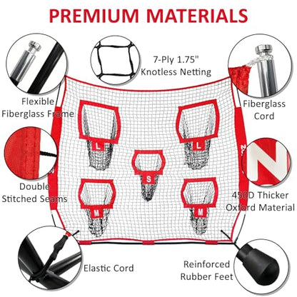Zonlolo 7×7ft Football Throwing Net, Football Training Net,Target Practice with 5 Different Sized L/M/S Targets | Great for Quarterback | Includes Compact Carrying Bag - color: Red/Black