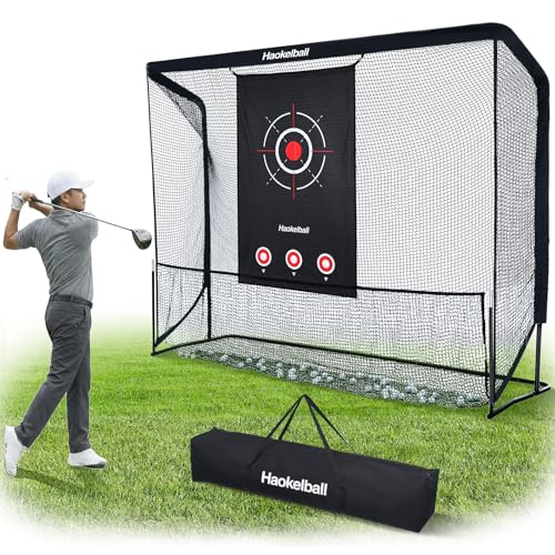 Haokelball Golf Practice Hitting Net for Driving Real Balls, 10x8ft Heavy Duty Netting for Indoor Outdoor with Side Barriers, Ball Return & Collection System, Silent Impact Target and Carry Bag