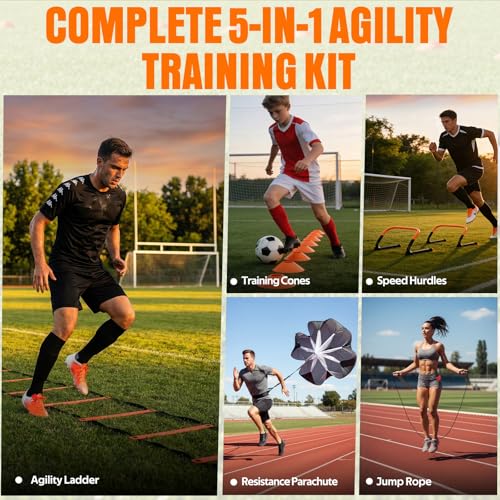 Agility Ladder, Soccer Football Training Equipment Set - 20ft Speed Ladder, 4 Hurdles,Parachute, 12 Cones & Jump Rope | Agility & Speed Training for Kids Youth Adults,Basketball & Football Accessories