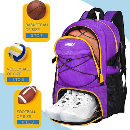 DAFISKY Basketball Backpack, Basketball Bag with Ball Holder Shoes Compartment, Sports Equipment Bag for Soccer Ball, Volleyball - color: purple