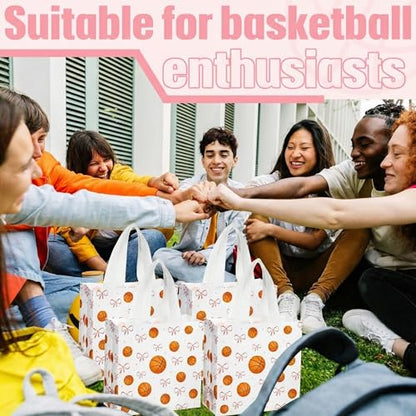 Sweetude 24 Pcs Basketball Gift Bags Bulk with Handle Pink Bow Tote Non Woven Sport Party Favor Gift Bag 7.9 x 7.9 Inch Party Favor Treat Candy Bag Supply for Birthday Team Snack (Basketball Classic)