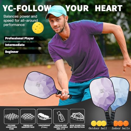YC DGYCASI Pickleball Paddles Set of 4, USAPA Approved Pickleball Set, Fiberglass Pickle Ball Rackets, 3 Outdoor Pickleball, 3 Indoor Pickleball Balls, 4 Pickleball Overgrip, 1 Pickleball Bag - color: Blue