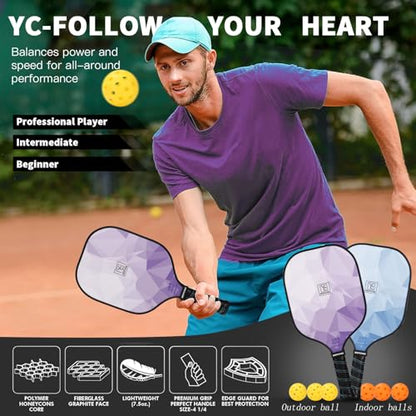 YC DGYCASI Pickleball Paddles Set of 4, USAPA Approved Pickleball Set, Fiberglass Pickle Ball Rackets, 3 Outdoor Pickleball, 3 Indoor Pickleball Balls, 4 Pickleball Overgrip, 1 Pickleball Bag - color: Blue