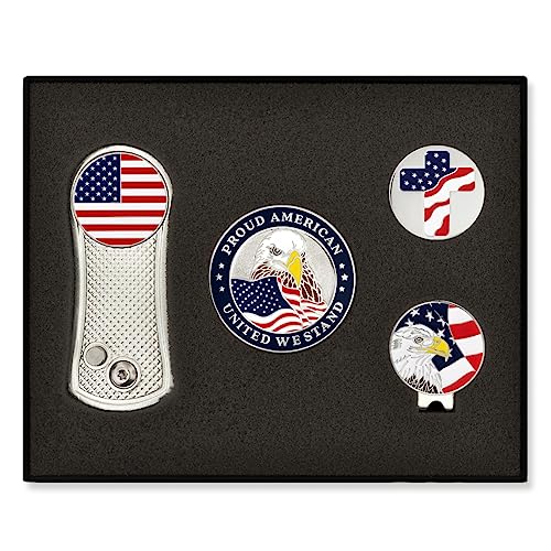 PinMart's Golf Essentials Gift Set - Golf Divot Tool, Hat Clip, Magnetic Ball Markers, Large Ball Marker with Presentation Box - Gifts and Accessories for Men and Women - color: Proud American Blue/White/Red