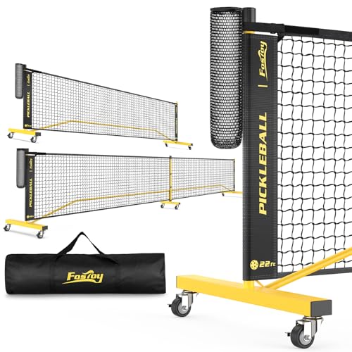 Fostoy Pickleball Net with Wheels, Portable 2-in-1 Pickle Ball Net with Ball Collector,22FT Regulation Size & 11FT Half Court Size, Carry Bag, Steady Metal Frame for Outdoor Indoor Driveway - color: Black&Yellow
