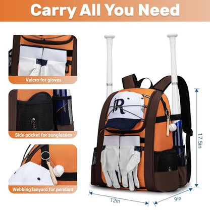 KAVIGOR Youth Baseball Bag, Softball Bag for Girls & Boys, Kids Tball Backpack with Shoes Compartment - color: Orange