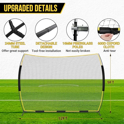 Barricade Backstop Net, 12x9 ft/ 16x10 ft/ 20x10 ft Ball Stop Netting with Carry Bag & Ground Stakes, Quick Setup, Portable, Perfect for Lacrosse, Baseball, Basketball, Soccer - size: 12x9 ft