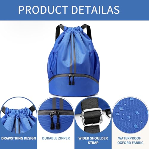 JELUTAR Soccer Bag, Drawstring Soccer Backpack with Shoe Compartment, Water Resistant Sport Gym Bags for Volleyball Basketball Football Beach Swim Pool - color: Blue