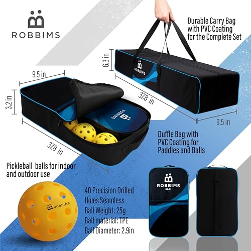 Pickleball Set with Net | 4 USA Pickleball Approved Carbon Fiber Paddles, Portable Regulation Size Net System, 8 Outdoor Balls, Duffle Bag & Carry Bag - ROBBIMS