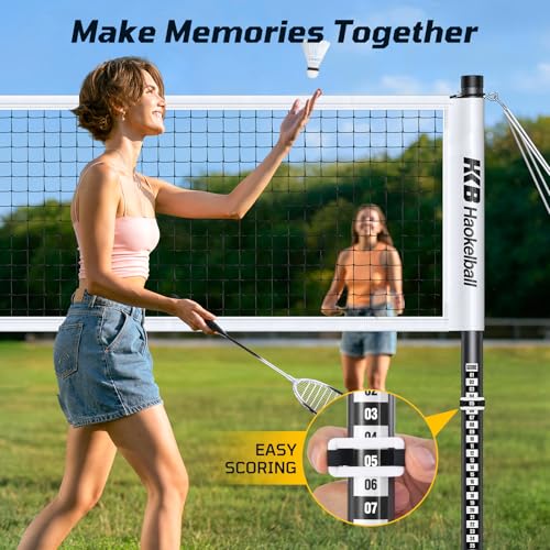 Haokelball Outdoor Badminton Net Set with Anti-Sag Winch System - 20ft Badminton Net, 4 Rackets, 4 Shuttlecocks & Carry Bag, Badminton Set for Backyard, Grass, Beach, Holiday Games - color: C-White