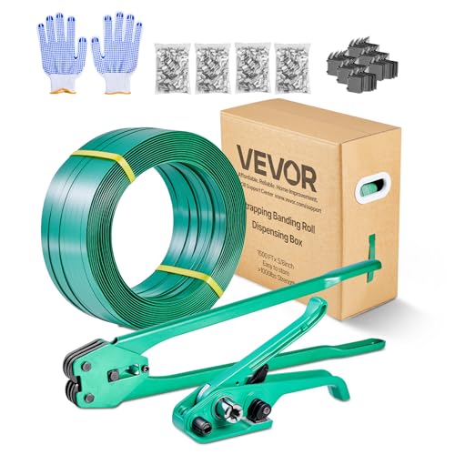 VEVOR Banding Strapping Kit, Heavy Duty Banding Sealer Tool with 1500 ft PET Band, 450 Metal Seals, 150 Corner Protectors & Gloves, Plastic Pallet Packaging Strapping Kit for Warehouse/Shipping/Moving