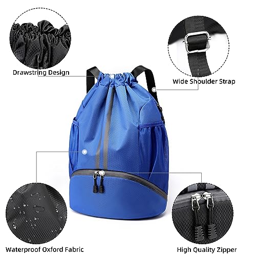 Valleycomfy Sports Drawstring Backpack - Water Resistant String Bag with Side Mesh Pockets Shoe Compartment Gym Backpack for Women & Men Blue - color: A-blue