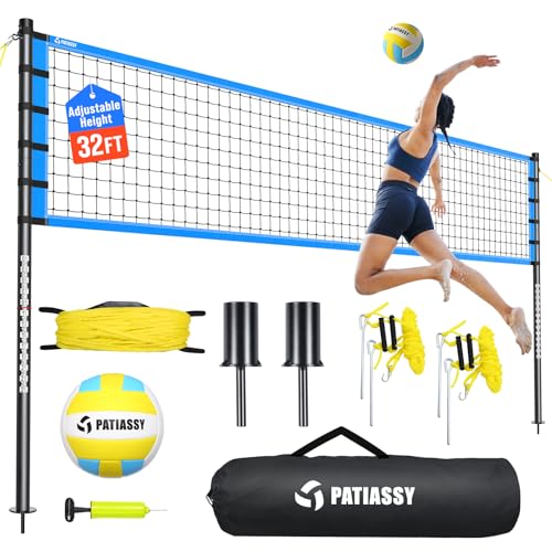 Outdoor Volleyball Net Set for Backyard & Beach, 32FT Regulation Size, Easy Setup Adjustable Height Poles, Portable Net System with PU Volleyball, Pump & Carry Bag - color: B-Blue