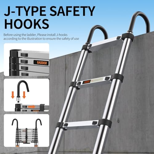 Telescoping Ladder,with Stable Hook and stabilizer barand,Extension Ladder, Heavy Duty 330lbs Max Capacity, Multi-Purpose Collapsible Ladder for RV or Outdoor Work(14.5FT/4.4M) - size: 14.5FT/4.4M