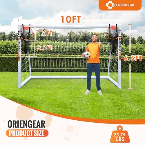 ORIENGEAR Soccer Goal, 12x6/10x6.5/8x6/6x4 Full Size Soccer Goals for Backyard, Soccer Net with Training Discs, Portable Soccer Goal for Kids and Adults with 1 Carry Bag, Porterias De Futbol - size: 10'x6.5' with target