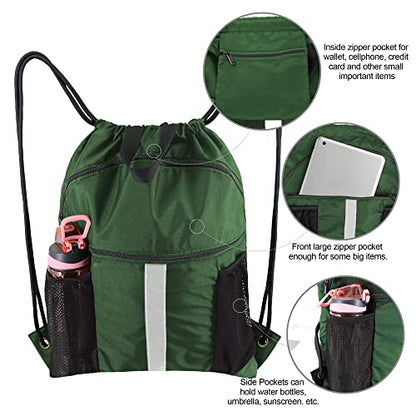 BeeGreen Drawstring Backpack Bag with Shoe Compartment, X-Large Black Gym Sports String Cinch Backpack - color: Dark Green