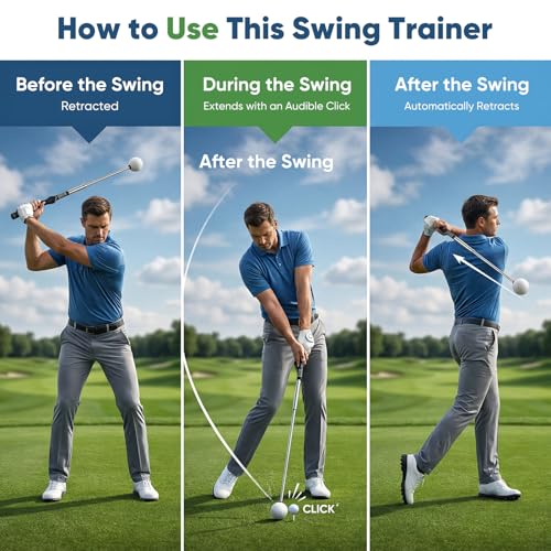 Retractable Golf Swing Trainer, Telescopic Practice Club with Click Feedback, Right-Handed Ergonomic Grip & Arm Band, Grip/Posture Correction, Portable Indoor/Outdoor Tempo & Swing Path Aid