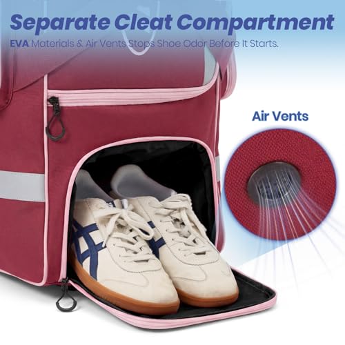 81L Rolling Baseball Bag with Wheels, Softball Catchers Gear Bags for 4 Bats (Fits Up To 34"), Separate Shoe Compartment, Safety Reflective Strip, Fence Hook, Foldable T-Bag for Youth & Adult - color: Dark Red