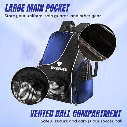Vizari Solano Soccer Backpack With Ball Compartment and Vented Ball Pocket and Mesh Side Cargo Pockets for Adults and Teens - color: Navy