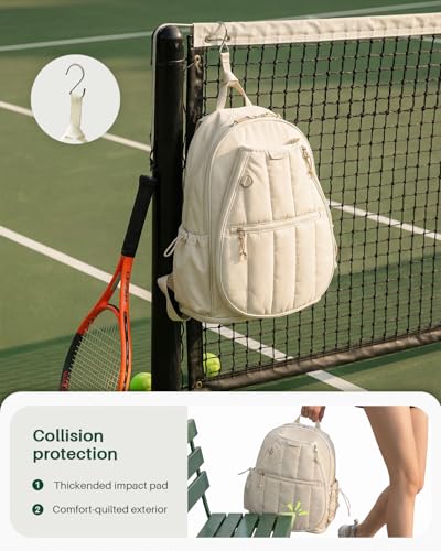 Quilted Tennis Gym Backpack for women Tennis Bag Holds 2 Rackets with Top Panel & Ventilated Shoe Compartment Sports Duffle Bags with Wet Pocket & Fence Hook - color: Beige