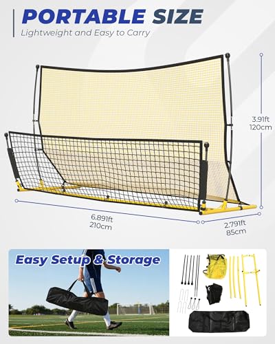 Soccer Rebounder Net, 2 in 1 Soccer Bounce Back Net, Rebound Net Practice for Team Volley Passing Solo Training, Football Trainer with Carry Bag, 4 Stakes
