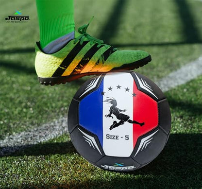 jaspo Soccer Champ Football, TPU Material, Machine Stitched, Size 5, Under 12 Years Age Group, 6 to 8 Lbs Inflation Football,Pump, France Black