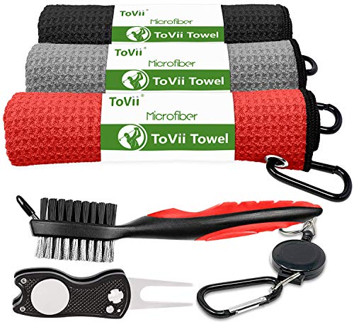 Golf Towel Microfiber Waffle Pattern Golf Towel | Brush Tool Kit with Club Groove Cleaner | Golf Divot Tool | Golf Accessories for Men - color: Red