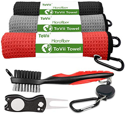 Golf Towel Microfiber Waffle Pattern Golf Towel | Brush Tool Kit with Club Groove Cleaner | Golf Divot Tool | Golf Accessories for Men - color: Red