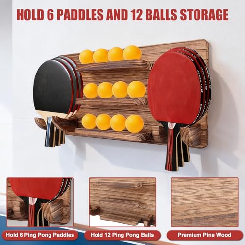 Ping Pong Paddle Holder, Wood Table Tennis Racket Display Wall Mounted Holder for 6 Paddles and 12 Balls Storage, Ping Pong Accessories Organizer for Game Room, Home