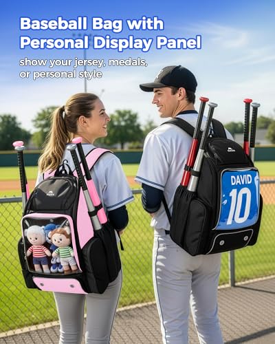 MATEIN PRO Softball Equipment Backpack with Clear Display Window & Folding Board, Large Capacity Baseball Bag with Separate Cleat Compartment & Side Cooler Pocket, Softball Gear Bag for Youth & Adult - color: Light Pink