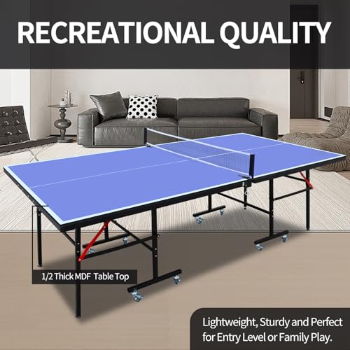 Ping Pong Table Foldable & Portable 6/8/9FT Table Tennis Table Set for Indoor & Outdoor Games with Net & Post, 2 Table Tennis Paddles and 3 Balls (Blue-8FT with Wheels)