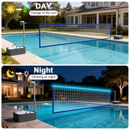 Pool Volleyball Net Set with LED Lights, Larger Solar Panel - High Brightness Volleyball Net for Inground Pools, Adjustable 15-32ft Length Outdoor Water Volleyball Games Toy for Backyard Party