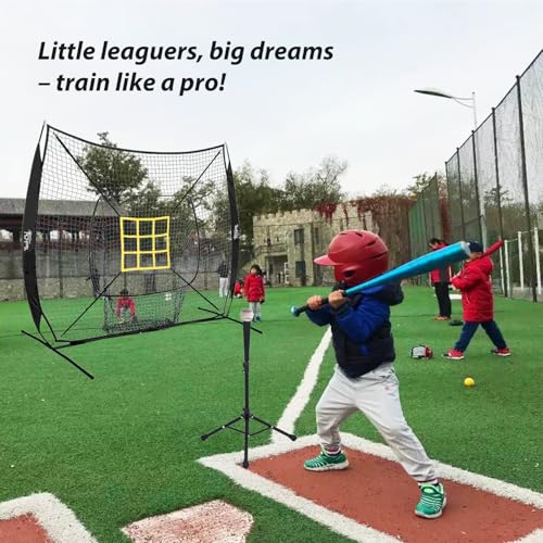 7x7 Ft Baseball and Softball Training Net with Batting Tee, Strike Zone Target, Portable Hitting and Pitching Practice Set - color: Black