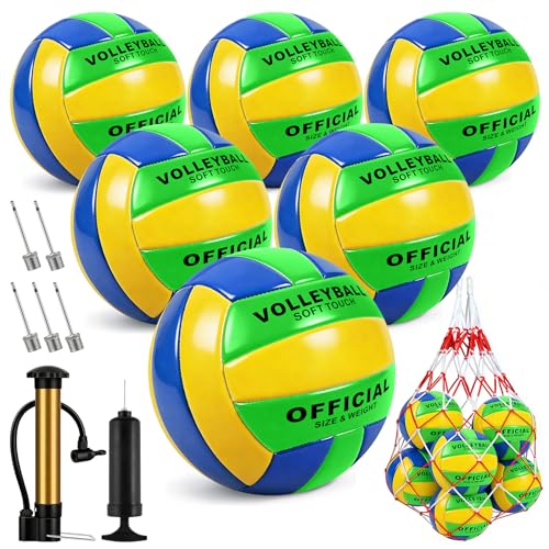 6 Pack Volleyballs Official Size 5, Waterproof Soft Volleyball With Pump and Net Bag for Indoor Outdoor Beach Pool Water Gym Training - Competition Volley Ball for Training Match for Beginner - color: Green-Yellow-Blue