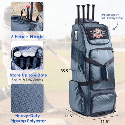Large Rolling Baseball Catchers Gear Bag with Wheels, Softball Bag with Hard Backing for 4 Bats,Equipment Bag with Separate Shoe & Helmet Compartments, Youth Baseball Bag with 360° Spinner Wheels - color: Grey, size: Style B - Heavy-Duty Rolling Base