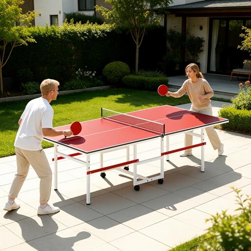 8FT Table Tennis Table with Net, Indoor/Outdoor Professional Ping Pong Table for Kids Adults, Folding Ping Pong Table, Complete Set with Paddles and Balls, School Playground Game Table
