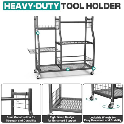 EVERHANGER Garden Tool Organizer Stand, Garage Tool Storage Organization, Yard Tool Racks with lockable wheels, Fit for Long-Handled Tools/Rakes/Brooms - size: Large